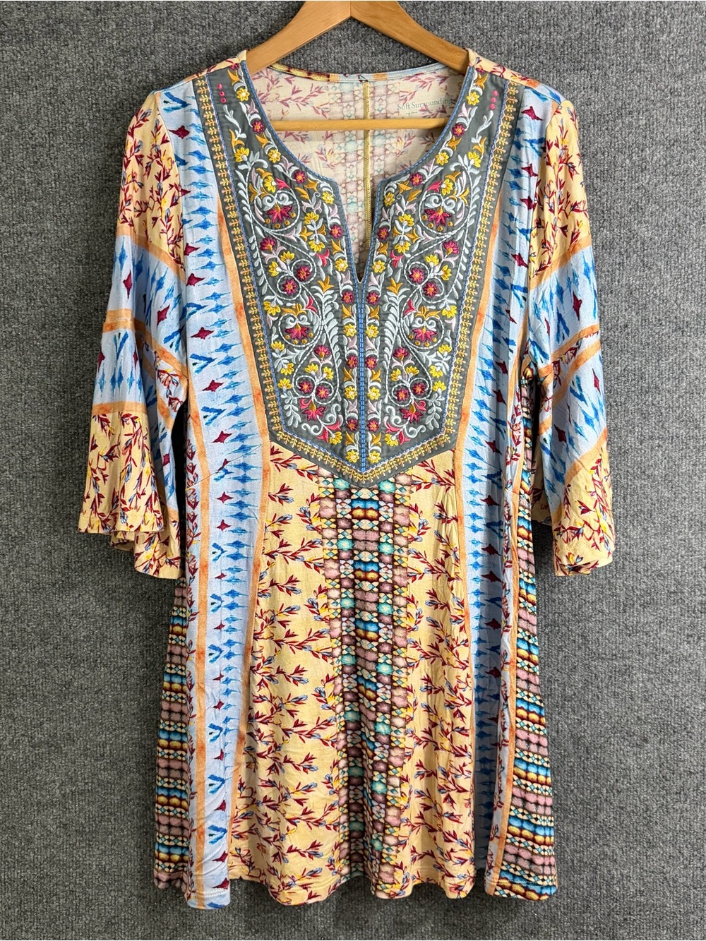 Soft Surroundings Womens Large Embroidered Top Boho Yellow Blue Bell Sleeve